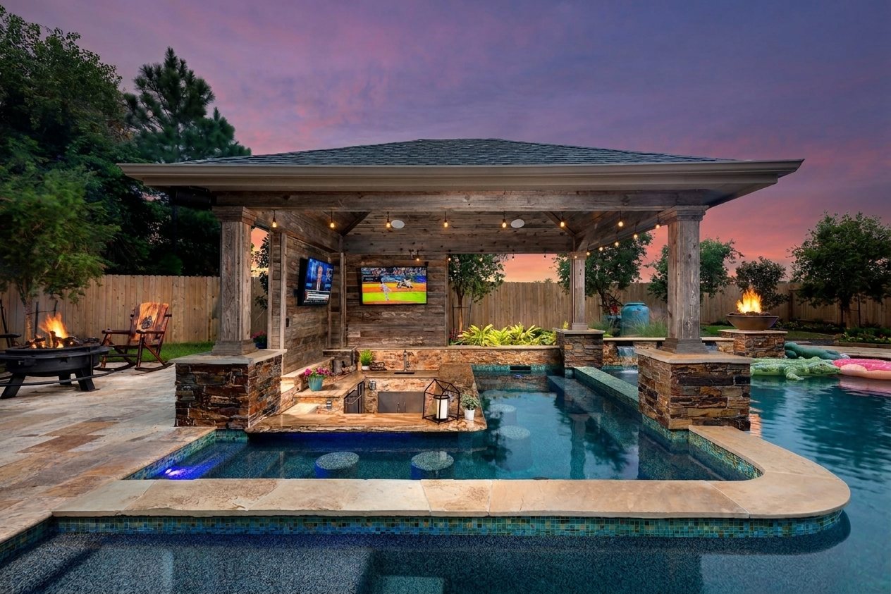 Resort-style backyard pool with covered outdoor kitchen, mounted TVs, and a fire pit at dusk