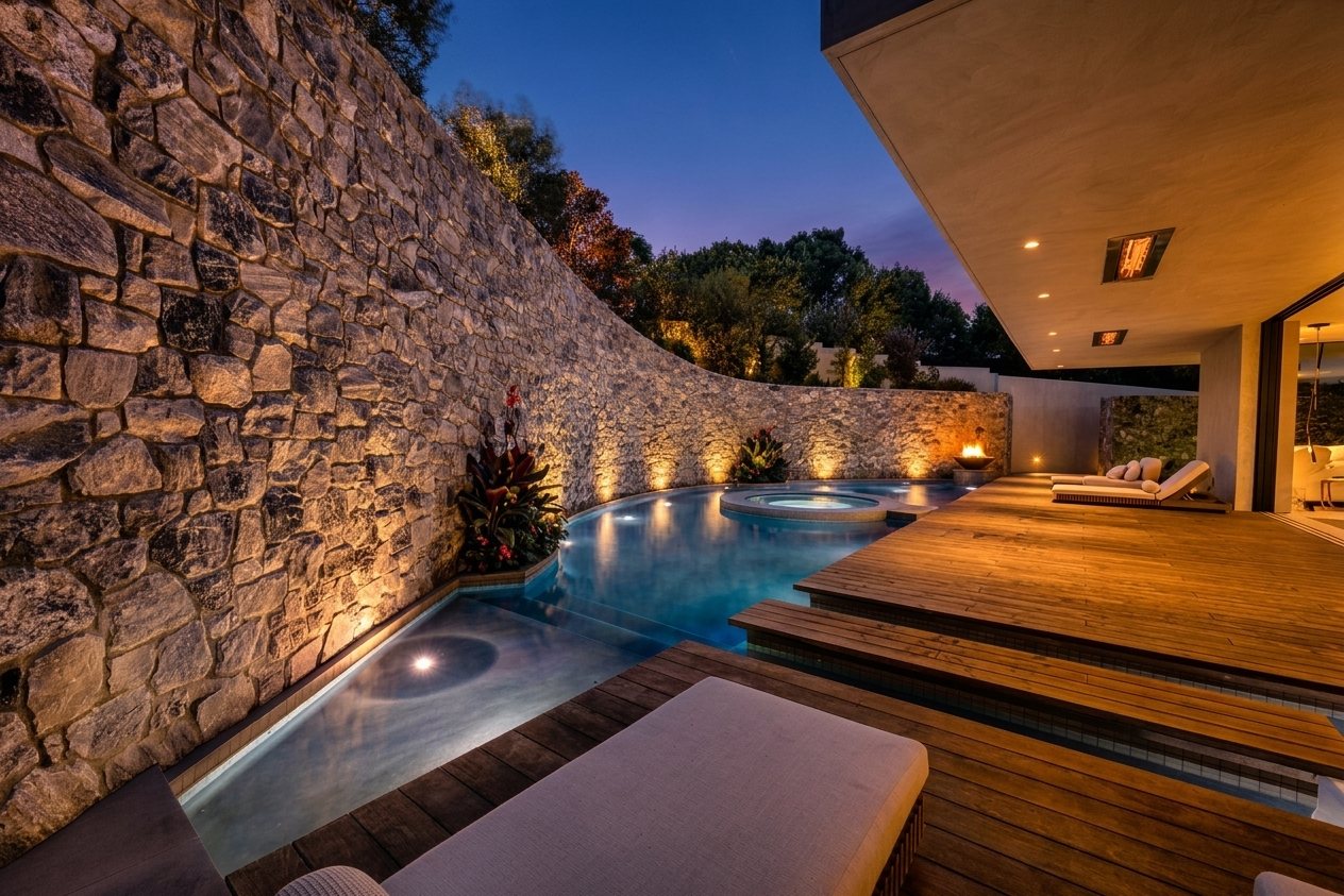 Modern minimalist pool along a curved natural stone retaining wall with a wood deck lounge