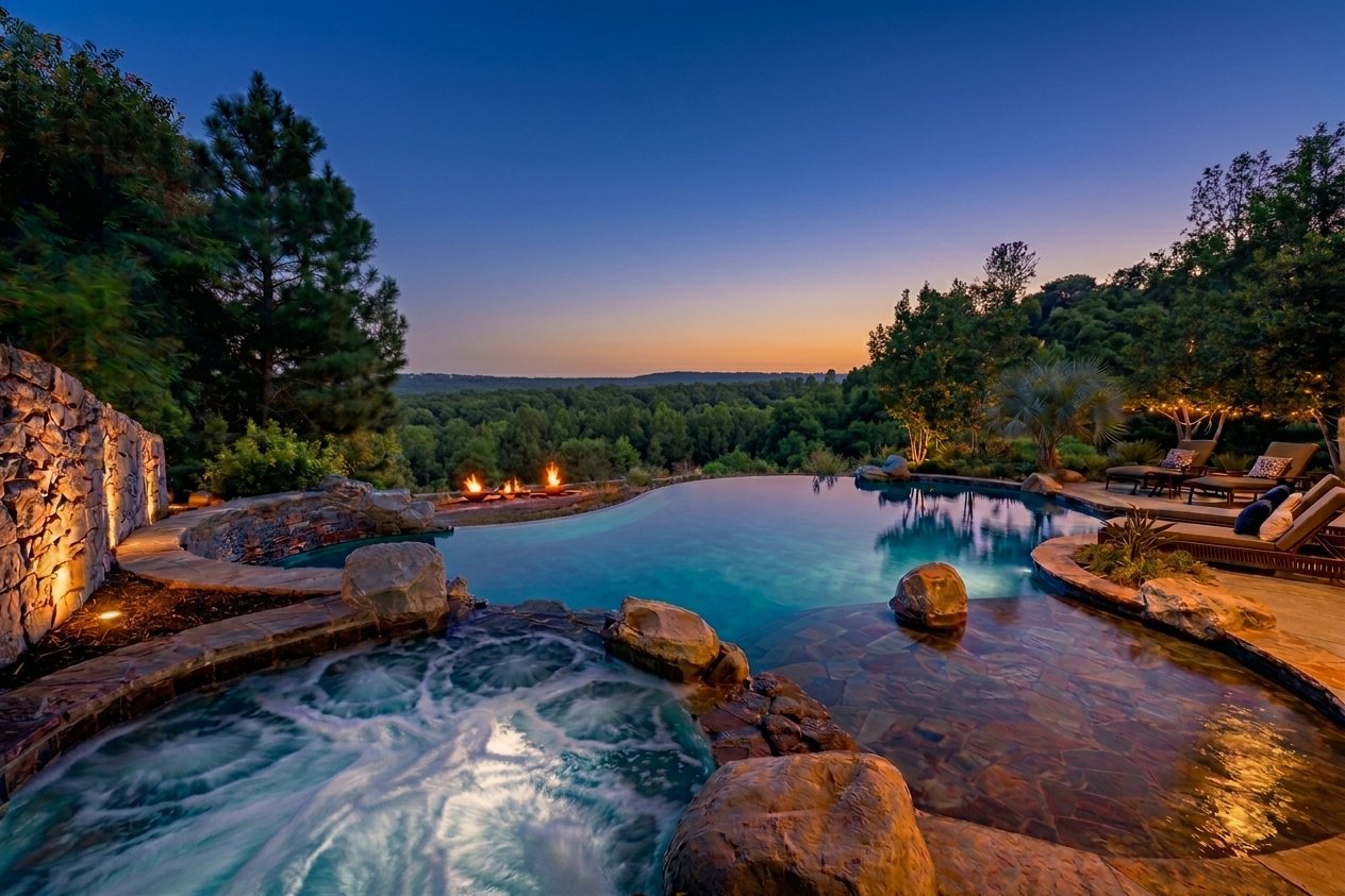 Infinity-edge pool and spa overlooking a wooded Oklahoma landscape at dusk