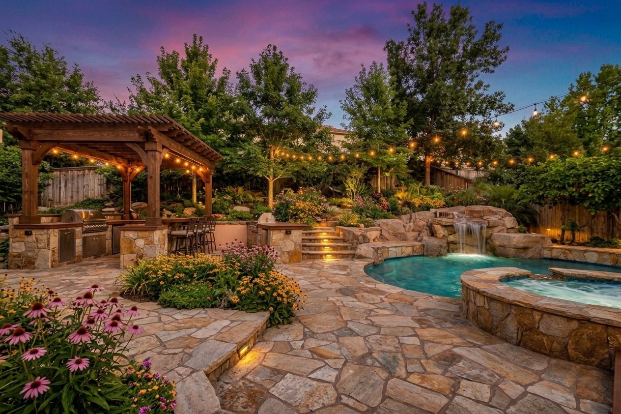 Freeform backyard pool with a rock waterfall, spa, and pergola-covered outdoor kitchen surrounded by garden landscaping
