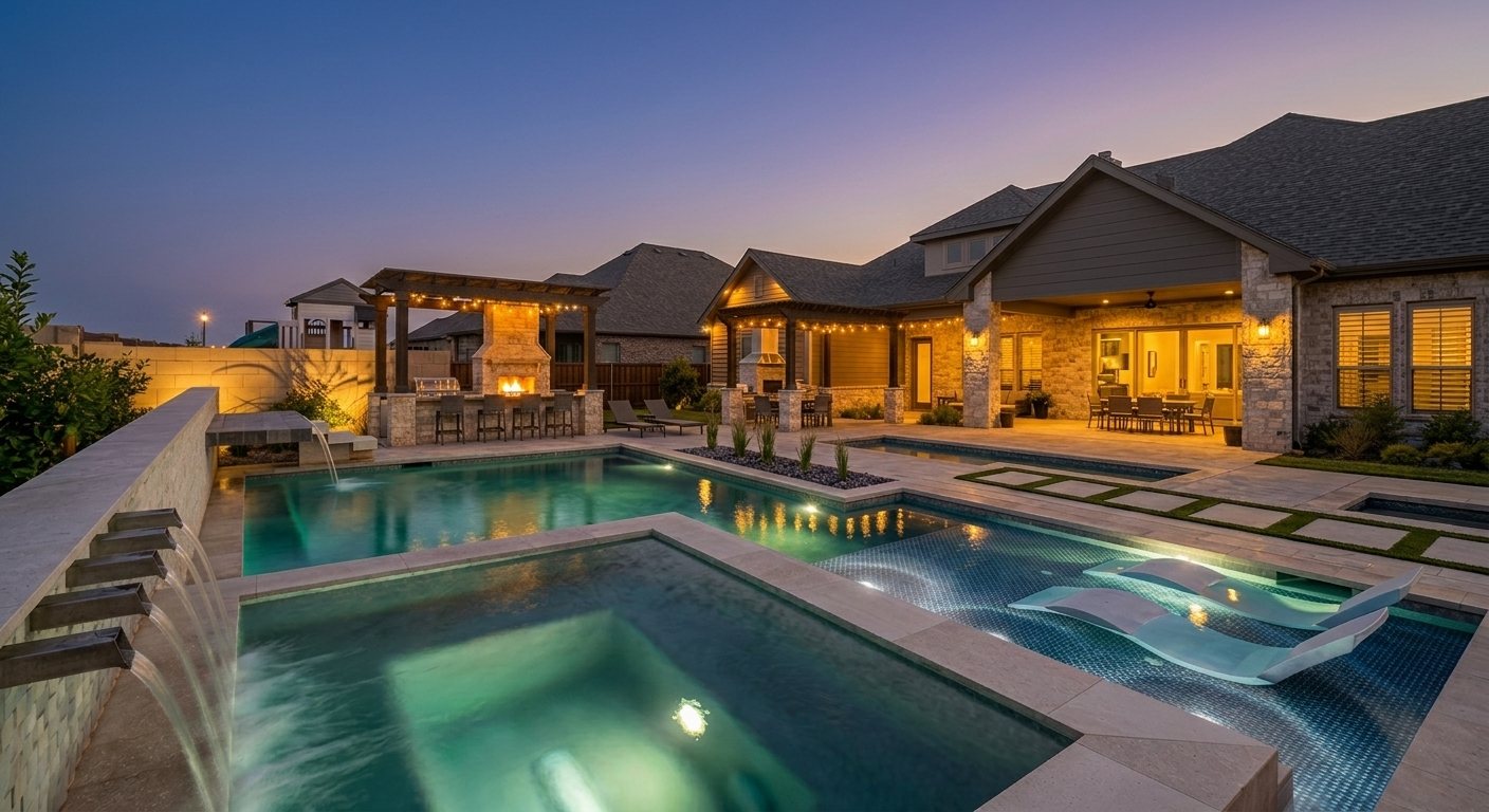 Custom geometric pool and spa with a covered patio and string lights at dusk in Tulsa, Oklahoma